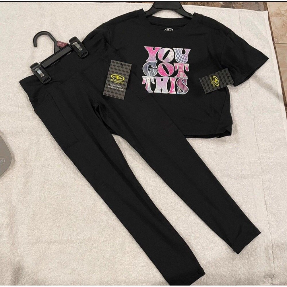 Athletic Works Girls Black Graphic Tee & Leggings 2-Piece Set Size Small (6-6X)